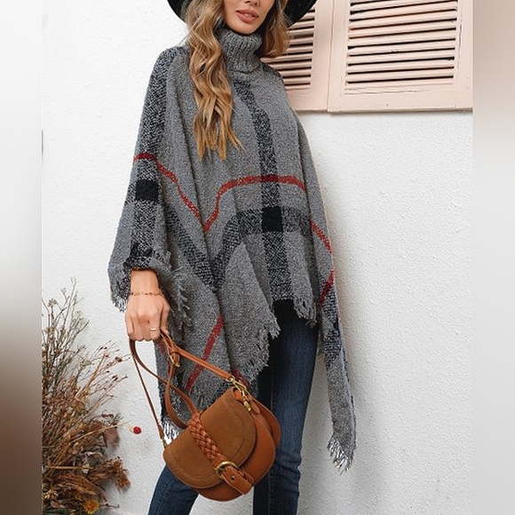 New Cozy Plaid Nubby Knit Turtleneck Pullover Poncho Cape Cardigan Gray Red - Picture 3 of 6